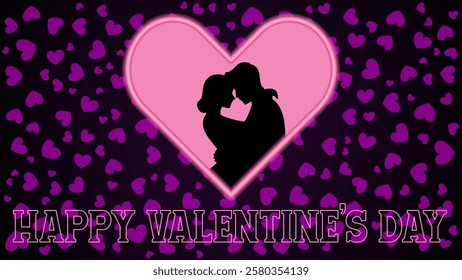 Romantic Valentine's Day Card with Silhouette Couple and Heart Background