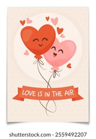 Romantic Valentines Day card. Two hand drawn heart-shaped floating balloons with ribbon and handwritten text on beige background. Cute red and pink cartoon characters couple. Flat vector illustration.