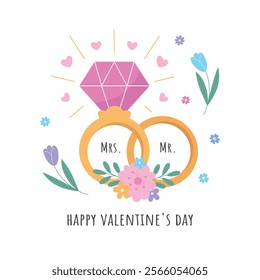 A romantic Valentine's Day card with wedding rings and flowers on a white background