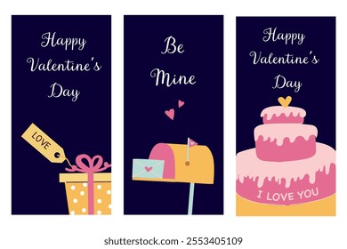 Romantic valentine's day cards with gifts, hearts, and cakes for loving celebration.