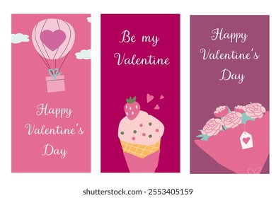 Romantic valentine's day cards with hot air balloon, strawberry ice cream, and floral bouquet designs.