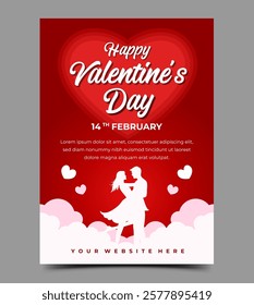 A romantic Valentine's Day celebration flyer featuring a loving couple in silhouette, surrounded by hearts and clouds.  Usable for Valentine's Day promotions, cards, posters, and social media post