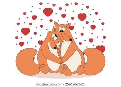 Romantic Valentine's Day clip art template design. Couple weird squirrel in love. Lovesick vector animals. Simple flat style squirrel can used Valentine card poster postcard cover print.