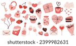 Romantic Valentines Day Collection. Heart-shaped Chocolates, Fragrant Flowers, Handwritten Love Notes, And Key with Lock. Balloons, Champagne and Sweets Love And Affection Items. Cartoon Vector Set
