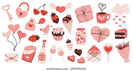 Romántica colección del Día de San Valentín. Chocolates en forma de corazón, Flores fragantes, Notas de amor manuscritas y Llave con candado. Globos, champán y dulces, artículos de amor y afecto. Conjunto de vectores de caricatura