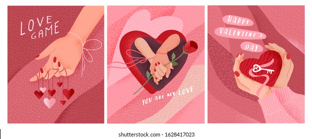 Romantic Valentines Day cute greeting card or poster. Woven hands of lovers with rose and heart, hand heart gesture with key of heart. Flyers, invitation, brochure. Vector design concept. Cartoon