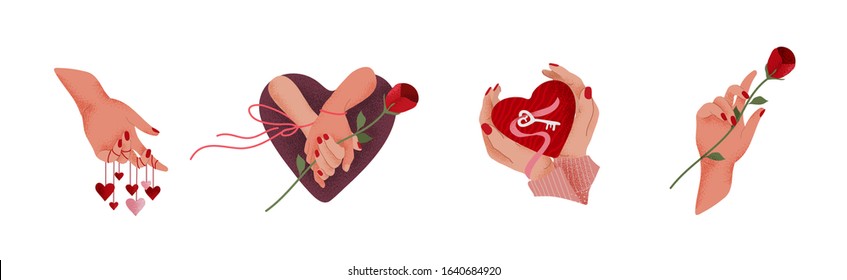 Romantic Valentines Day cute greeting card or poster. Woven hands of lovers with rose and heart, hand heart gesture with key of heart. Flyers, invitation, brochure. Vector design concept. Cartoon