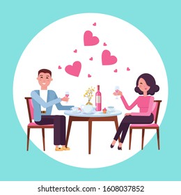 Romantic Valentine's day date of man and woman in restaurant. Couple in love. People sitting at the table with a glass of wine. Romance relationship. Isolated flat vector illustration.