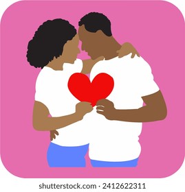 
A romantic Valentine's Day depiction showcasing an affectionate couple holding a vibrant red heart against a soft pink background. This captivating EPS file beautifully symbolizes love, making it ide