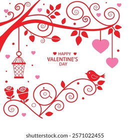 Romantic Valentine's Day Design with Bird, Roses, and Hearts