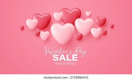 Diseño romántico del día de San Valentín con globos flotantes en forma de corazón rosa en estilo 3D, ideal para Anuncios de celebración de amor, Plantillas de felicitación o decoraciones de fiesta del 14 de febrero.