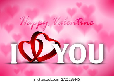 Diseño romántico del día de San Valentín con dos corazones entrelazados rojos y texto "Te amo" sobre un fondo rosa con bokeh de corazón suave.