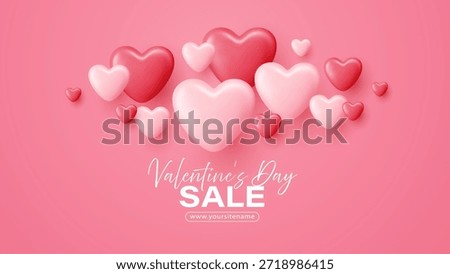Romantic Valentine's Day design featuring floating pink heart-shaped balloons in 3D style, ideal for love celebration banners, greeting templates, or February 14 party decorations.