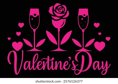 Romantic Valentine's Day Design with Hearts, Champagne Glasses, and a Rose