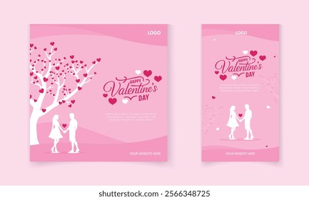 Romantic Valentine's Day Design set with Couple Silhouette and Heart Tree for social media post