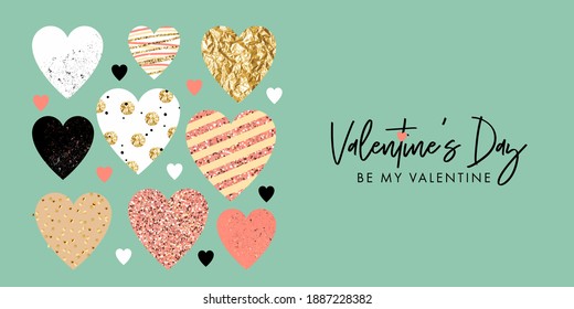 Romantic Valentines Day design for web banner, Valentine card, cover, flyer or poster with textured hearts made of pink and gold glitter, foil, confetti, dots and stripes. Holiday decoration elements