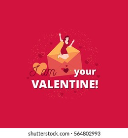 Romantic valentine's day design with young woman jumping from an envelope. Vector graphic for greeting cards, poster design, blog illustrations, print design and more