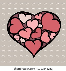 The romantic Valentine's day drawing of colorful heart. The greeting card. The outline illustration isolated on a grey background with little hearts.