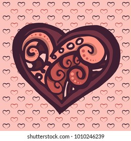 The romantic Valentine's day drawing of colorful heart. The greeting card. The outline illustration isolated on a pink background with little hearts.