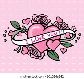 The romantic Valentine's day drawing of colorful heart with flowers roses and ribbon with the inscription I love you. The greeting card. The outline illustration isolated on a pink background with lit