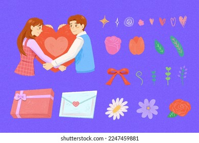 Romantic Valentine's day element set isolated on light purple background. Including couple hugging a heart, doodles, flowers, bow, leaf branches, gift and love letter.
