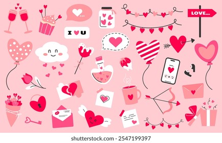 Romantic valentine's day elements collection. Hearts, balloons, gifts, and love symbols on pink background. Vector illustration isolated