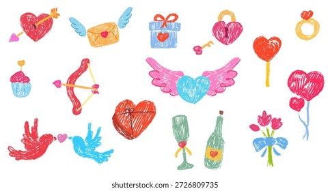 Romantic valentines day elements in hand drawn cartoon doodle style made from pencil, marker or chalk crayon. Scribble vector illustration background for holiday children book, card.