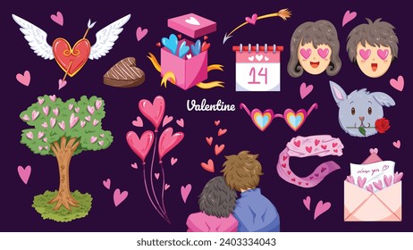 Romantic Valentines Day february love celebration day vector illustration asset set collection group isolated on horizontal dark pinkish purple background. Simple flat cartoon styled drawing.