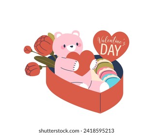 Romantic Valentines Day Gift Idea, Box In Shape Of Heart With Decadent Macaroons, Plush Teddy Bear, Red Roses And Card