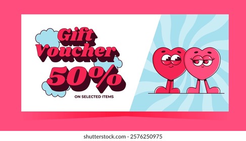 Romantic Valentines day gift voucher template. Cute lovely couple characters heart in retro groovy style. Flat vector illustration for business and personal use