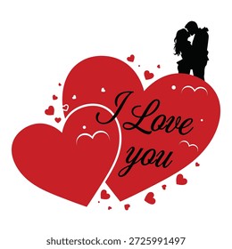 Un gráfico romántico del día de San Valentín que presenta una silueta de una pareja besándose en la parte superior de dos corazones rojos superpuestos con texto 'Te amo' y corazones Pequeños, aislados sobre fondo blanco