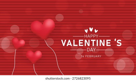 Gráfico romántico del día de San Valentín con globos rojos del corazón y un mensaje feliz del día de San Valentín en un fondo rojo con las luces bokeh