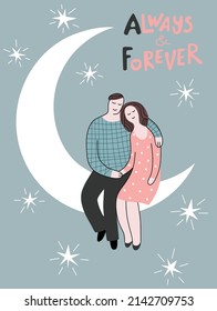 Romantic Valentine's day greeting card with a couple of lovers and hand written lettering. Vector illustration.