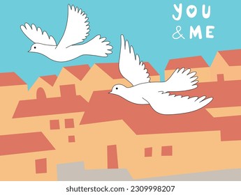 Romantic Valentine's day greeting card with a pair of white doves. Vector illustration.