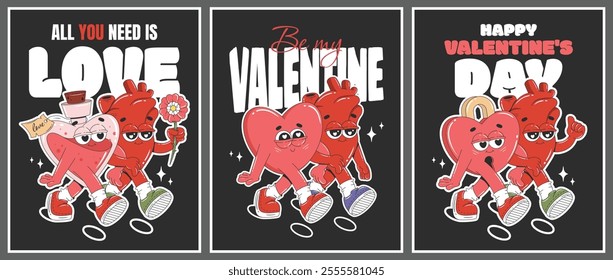 Romantic Valentine's Day greeting card set with cartoon groovy characters. Heart, love potion, love lock. Vector illustration for flyer, banner, poster. 