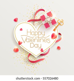 Romantic valentine's day. Greeting card with gift and rose petals.