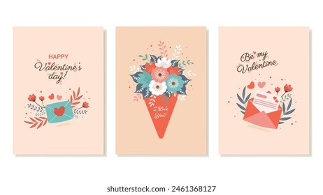 Romantic Valentine's Day Greeting Cards in Retro Colors. Vector Templates