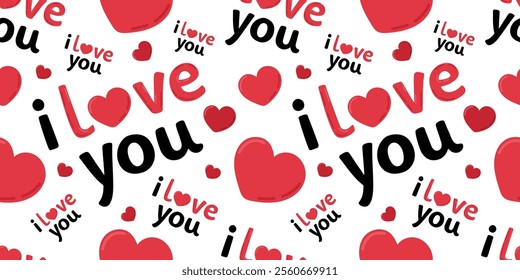 Romantic Valentine's Day hand-drawn lettering "I love you" and red hearts on white background. Cute love phrase in vector flat style. For Valentine's design, cards, posters.