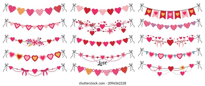 Romantic valentines day heart shaped bunting garlands. Cute hanging bunting hearts, romantic greeting heart flags vector illustration set. Valentines day decorations. Holiday celebration decor