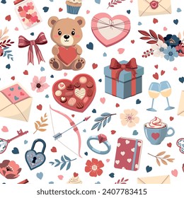 Romantic Valentines Day holiday elements vector seamless pattern. Love themed decoration. Valentine's day illustrations. Isolated on white background