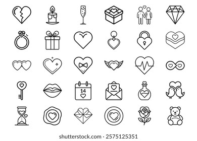 Romantic Valentines Day Icon Set with Outline Hearts, Gifts, Love, Couples, Rings, and Symbols