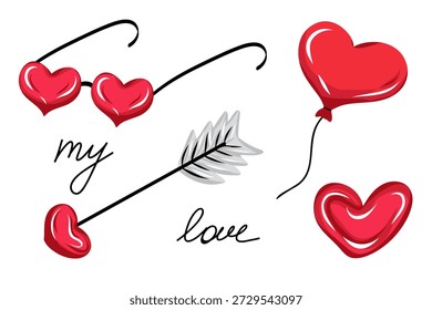 Romantic Valentine's Day icon set with heart sunglasses, balloon, arrow and handwritten love text. Cute playful vector collection for love messages, greeting cards, stickers, posters and branding