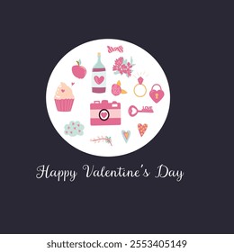 Romantic valentine's day icons: love, gifts, flowers, and sweet treats on dark background.