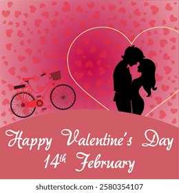 Romantic Valentine's Day Illustration with Bicycle and Couple Silhouette