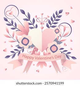 A romantic Valentine's Day illustration featuring a pastel pink and purple palette, elegant floral decorations, hearts, and a soft ribbon banner. Perfect for love-themed designs, cards, and celebratio