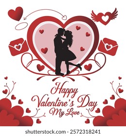 Romantic Valentine's Day illustration featuring a couple in silhouette embracing inside a heart, surrounded by love elements like hearts, arrows, envelopes, and floral designs