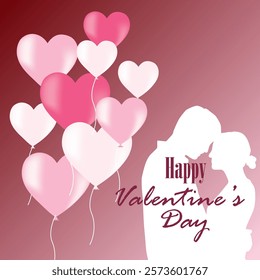 A romantic Valentine's Day illustration featuring pink and white heart shaped balloons a couple's silhouette embracing and Happy Valentine's Day text in festive font symbolizing love and together