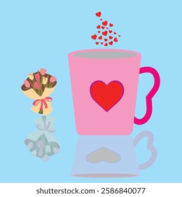 A romantic Valentine's Day illustration featuring a pink heart-themed coffee mug with steam forming tiny hearts, alongside a bouquet of roses on a blue background. Perfect for love-themed designs.