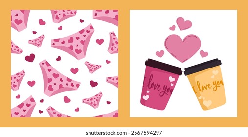 Romantic Valentine's Day illustration set - charming pattern with pink underwear adorned heart prints and illustration with two coffee cups with "I love you" lettering. Cute cartoon love day concept.