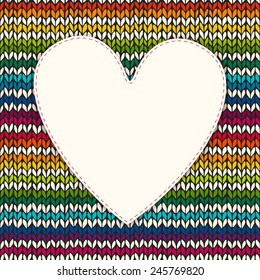 Romantic valentine's day knitted background with heart frame. Vector illustration